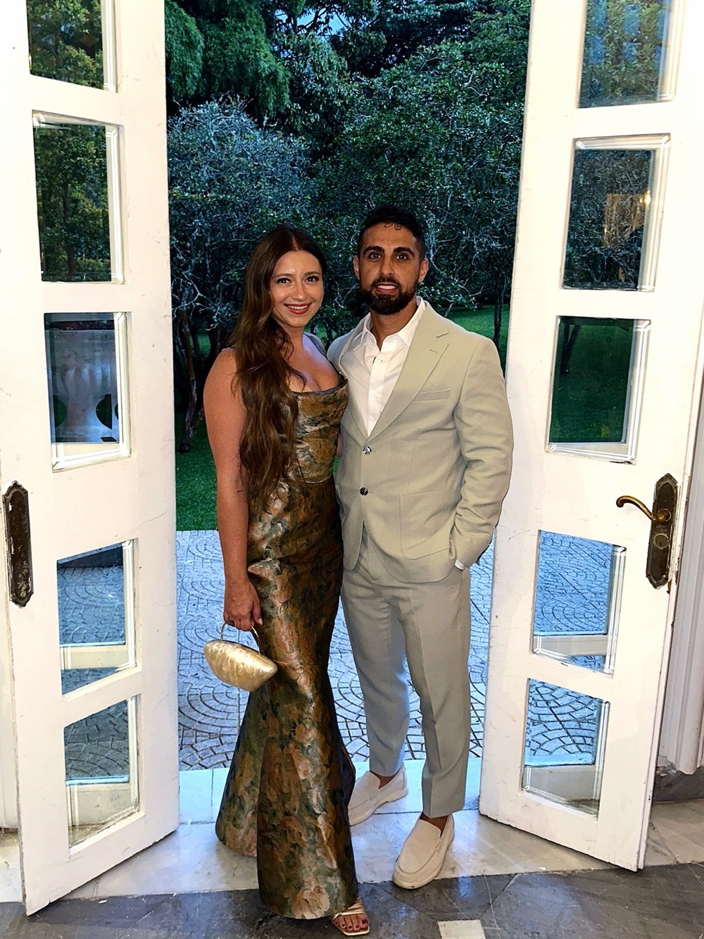 Azazie Metallic Bronze-Green Asymmetrical Evening Gown